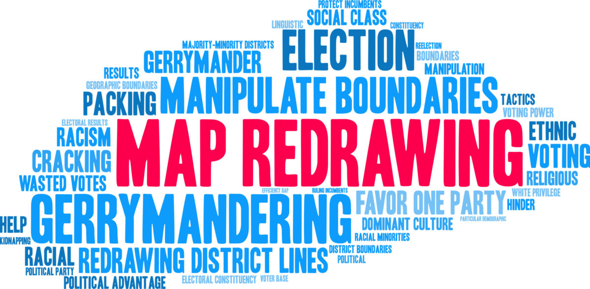 Word cloud with the following 10 top phrases in order of descending size: Map redrawing, gerrymandering, manipulate boundaries, election, redrawing district lines, packing, cracking, voting, favor one party, and racism..