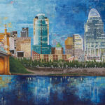 Mixed media painting of the Cincinnati skyline, with the river in the foreground.