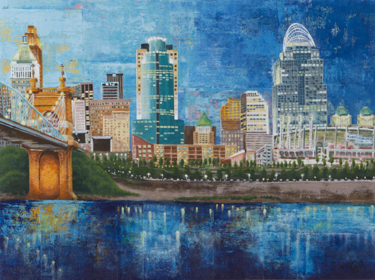 Mixed media painting of the Cincinnati skyline, with the river in the foreground.