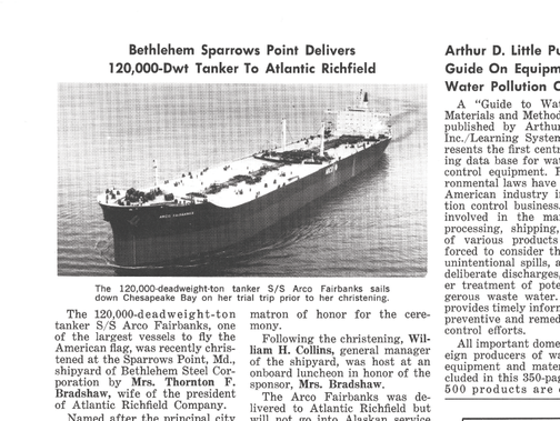 Image of newsletter clipping showing an oil tanker, with the title, "Bethlehem Sparrows Point Delivers 120,000-Dwt Tanker To Atlantic Richfield"