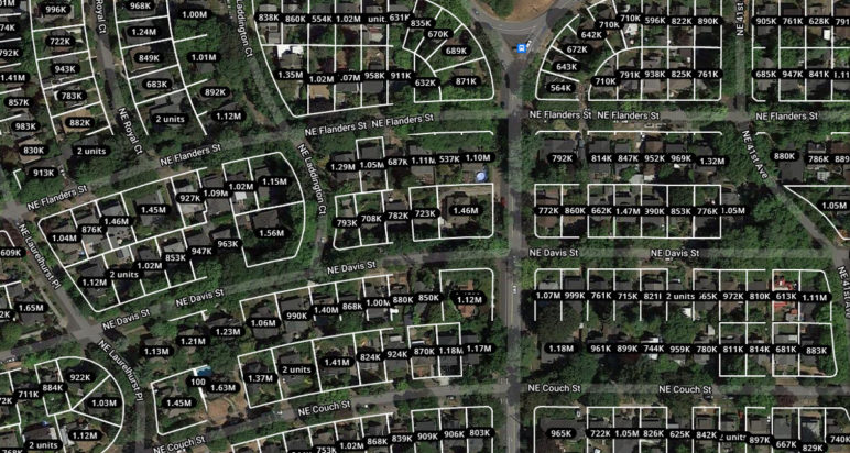 satellite image of a single-detached residential neighborhood with curving streets and prices ranging from $613,000 to $1.6 million