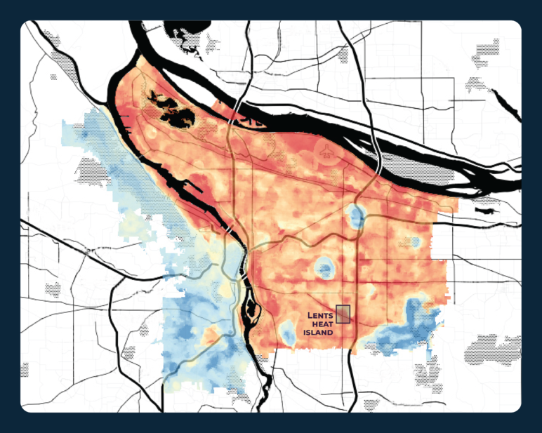 The black rectangle in the southeast region of Portland shows Sightline’s study area, overlaid on Sustaining Urban Places Research Lab evening-timed urban heat island map. 