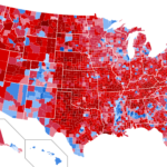 A red/blue map of the US, divided by county