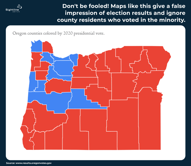 Map of Oregon with lots of "red" land, but fewer people