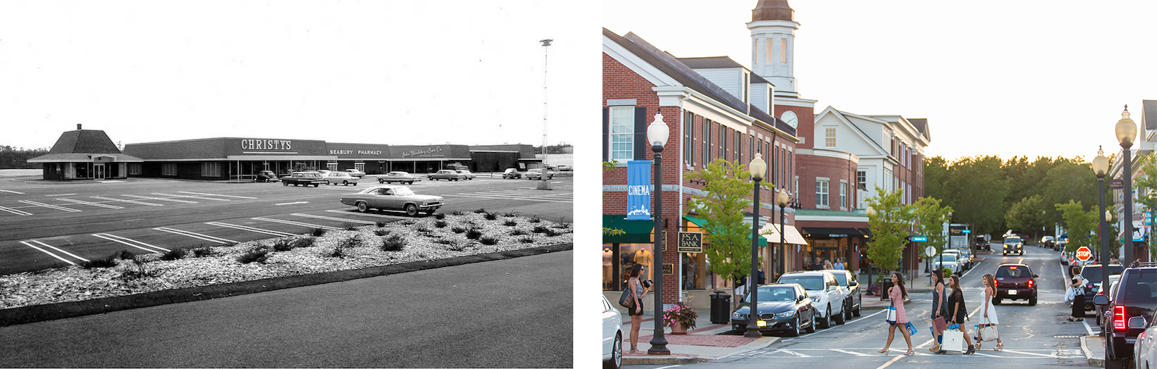 Comparison of an old photo of Mashpee Commons versus a modern renovation