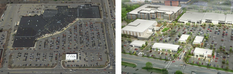 2017 aerial image of Woburn Shopping Mall from Google Earth (left), "Bird’s eye view of development” by Amenta / Emma Architects, PC (right).