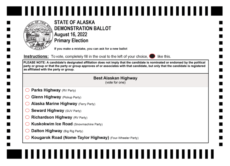 A mock primary ballot, designed by Sightline Institute, for Alaskans to vote their favorite Alaskan highway. In the primary, voters vote for just one option, and the top four vote-getters advance to the ranked choice general election.