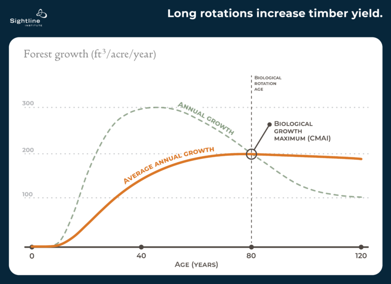 Graph showing multiple lines that converge to display why an 80-year-rotation harvest can increase timber yields