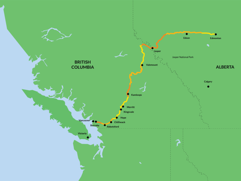 Illustrated map of the Trans Mountain Pipeline expansion, stretching from the middle of Alberta and past all of British Columbia
