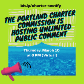 A social media post promoting the Portland Charter Commission public comment. A bright green background with a blue foreground of Portland and a red megaphone.