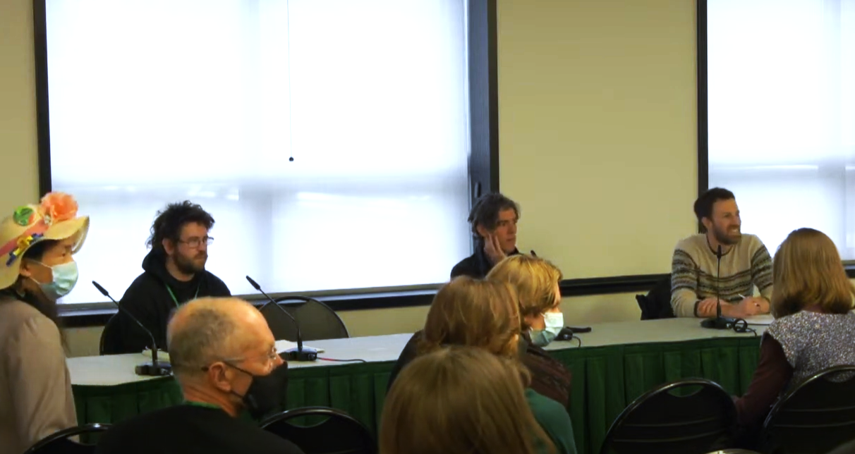 Panelists Ryan Guy Hashagen of Icicle Tricycles and William Henderson of Ride Report with moderator Mike Westling of Brink Communications receive questions from the audience.