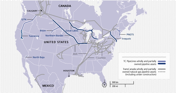 Map of various pipelines, including GTN, in North America.