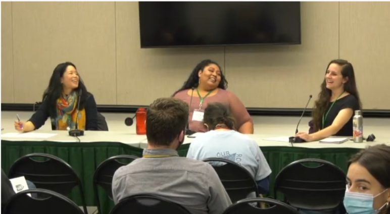 Jeannette Lee, of Sightline Institute; Candace Avalos, of Verde Portland and Neighbors Welcome; and moderator Alex Zielinski, of the Portland Mercury, during the audience Q&A on democracy and housing abundance (screenshot from video of session).