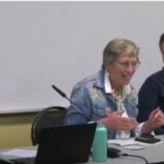 Panelist Martha Roskowski (center) of Further Strategies tells a joke, with Sightline moderator Catie Gould (left) and panelist Tony Jordan of the Parking Reform Network (right). Screenshot from video session.