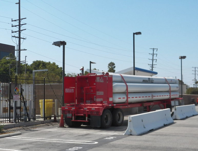 hydrogen tanks at the Shell station in Torrance receive their load.