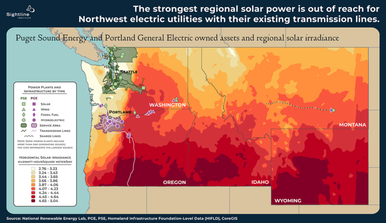 Display map how the strongest regional solar power is out of reach for northwest electric utilities using existing transmission lines.