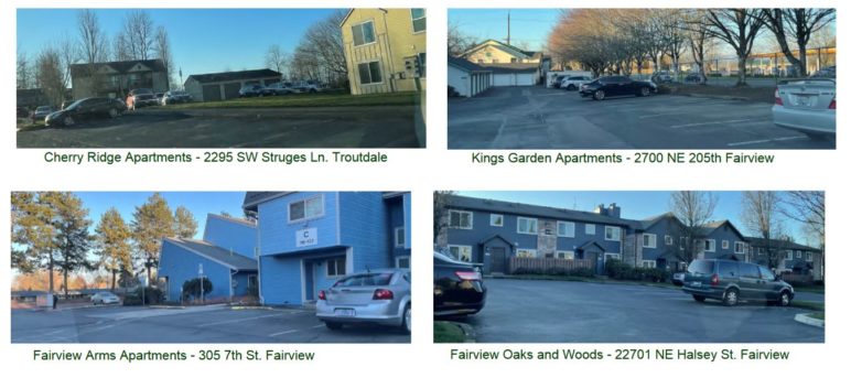 Four photos of the parking lots for other suburban apartment projects. All have multiple empty spaces.