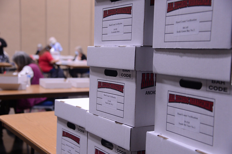 Boxes of ballots during a vote count