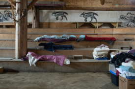 Sleeping bundles lent to Lytton fire evacuees, at Shxwhá:y Village Long House in Chilliwack, British Columbia. 