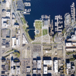 Aerial photo of Seattle's South Lake Union, showing a grid-like pattern of the area (save the odd road or ramp)