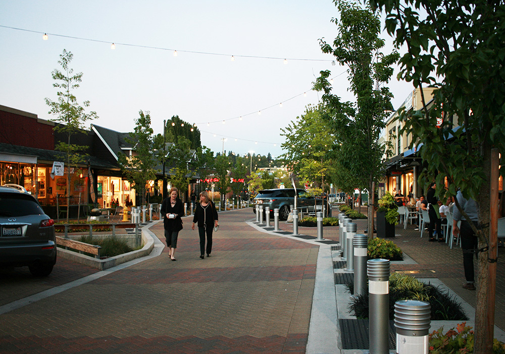 A pedestrianized commercial main street with attached one-story retail shops and a parked car outside.