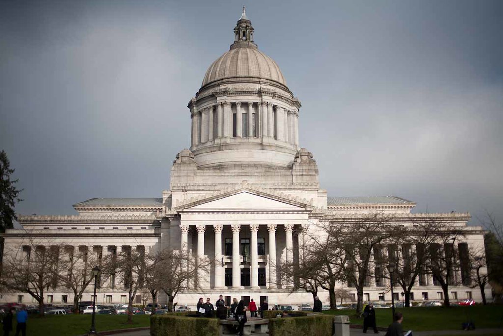 Photo of the Washington State Capitol Building in Olympia, WA on a (of course) grey, cloudy day