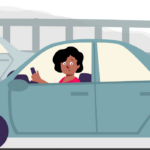 Screengrab of an animation of a woman looking worried from her car, stuck in a traffic jam