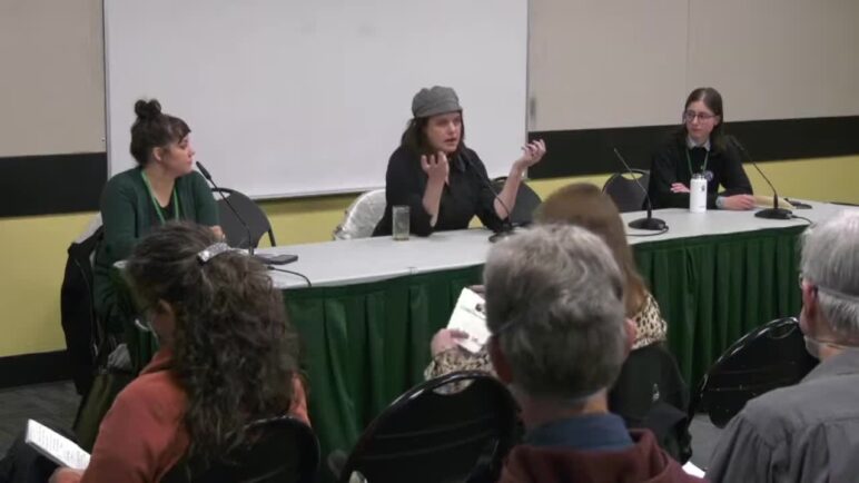 Kaia Sand of Street Roots (center) highlights what can be achieved when recognizing people’s lived experiences, alongside Trisha Patterson of Portland: Neighbors Welcome (right) and moderator Hanna Brooks Olsen (screenshot from video of session).
