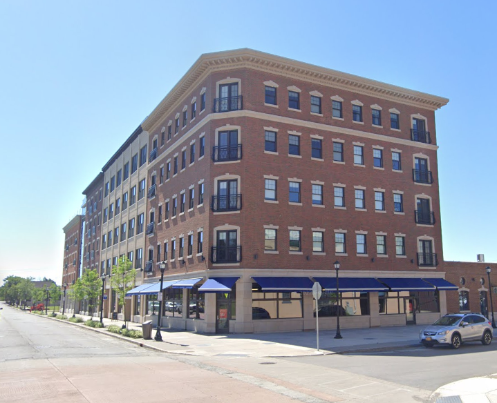 Buffalo’s zoning change re-legalized this new building complex on Seneca Street. Image from Google Maps.