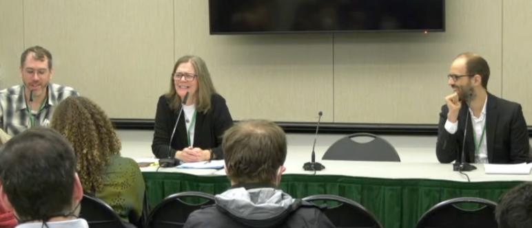 Brian Hanlon of California YIMBY (left) discusses how planners can work with officials on zoning and housing legislation, alongside Mary Kyle McCurdy of 1000 Friends of Oregon (center) and Alex Brennan of Futurewise (right) (screenshot from video of session).