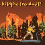 Illustration of a firefighter running on a treadmill as a forest fire blazes in the background