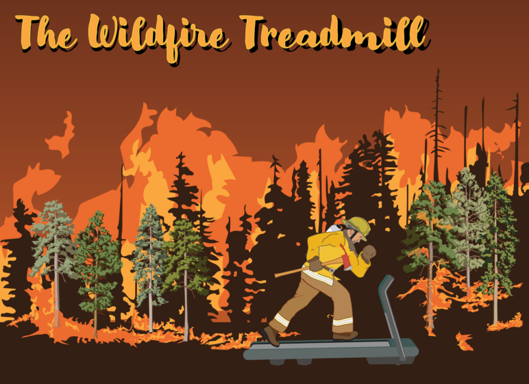 Illustration of a firefighter running on a treadmill as a forest fire blazes in the background