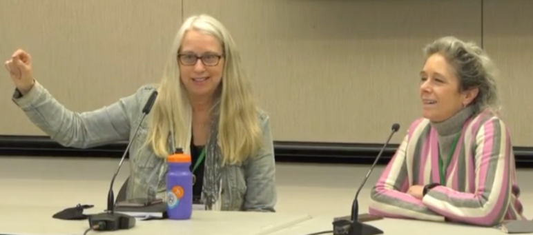Diane Linn of Proud Ground and Kathleen Hosfeld of Homestead Community Land Trust talk about community land trusts and how they increase access to stable affordable housing (screenshot from video of session).