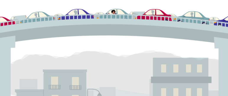 Screenshot of an animated video where cars are stuck in traffic on a bridge, and exhaust is floating into the city.