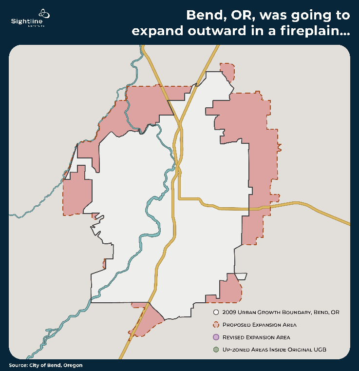 Map showing the various parts of a planned expansion outward for Bend, OR (into fireplains)