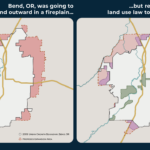Side-by-side map showing the two different growth plans for Bend, OR -- one expanding into fireplains, and the other with infill.