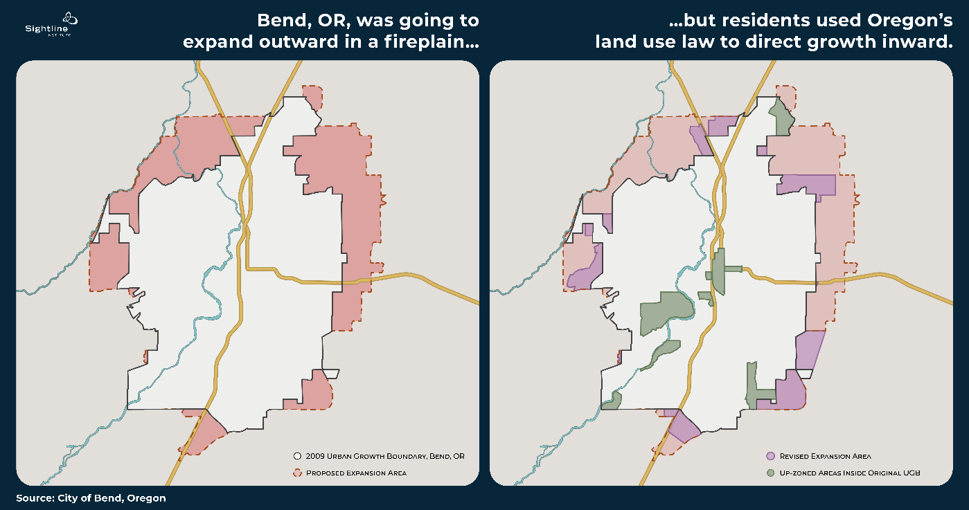 Side-by-side map showing the two different growth plans for Bend, OR -- one expanding into fireplains, and the other with infill.
