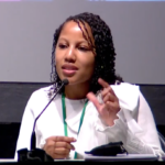 Regan Patterson of the Congressional Black Caucus Foundation (CBCF) talks about the need for a fundamental shift in whose voices are at the table and who owns the table when determining community restoration and reparations around dismantling freeways (screenshot from video of session).