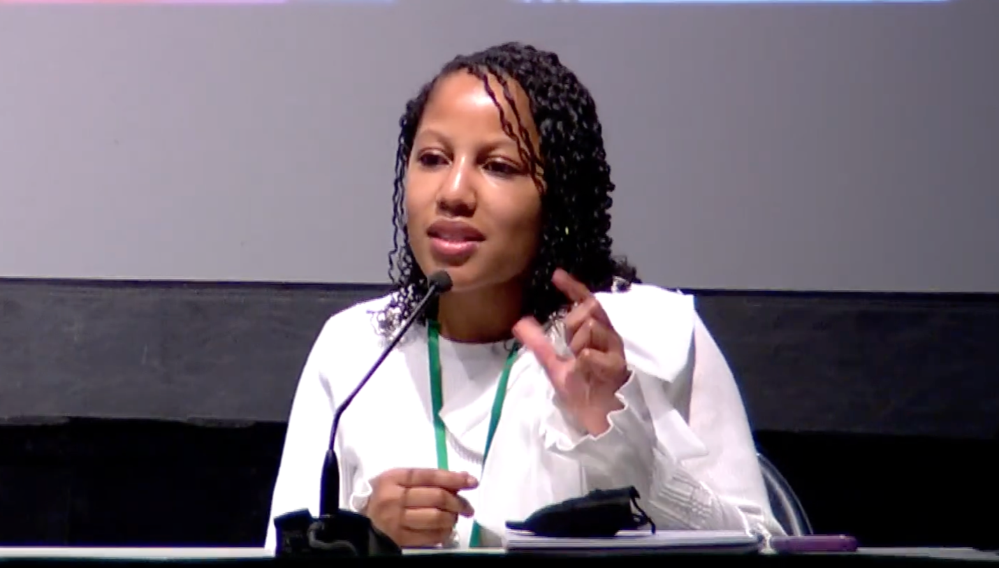 Regan Patterson of the Congressional Black Caucus Foundation (CBCF) talks about the need for a fundamental shift in whose voices are at the table and who owns the table when determining community restoration and reparations around dismantling freeways (screenshot from video of session).