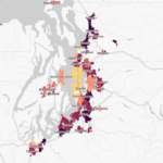 Screenshot of a map of Western Washington, with colorful polygons representing voter turnout.
