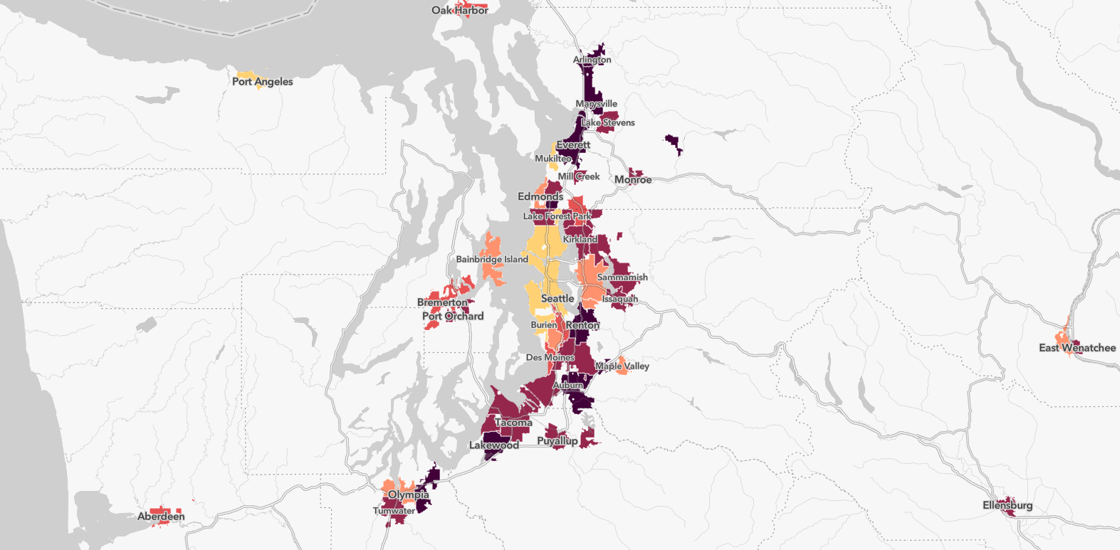 Screenshot of a map of Western Washington, with colorful polygons representing voter turnout.