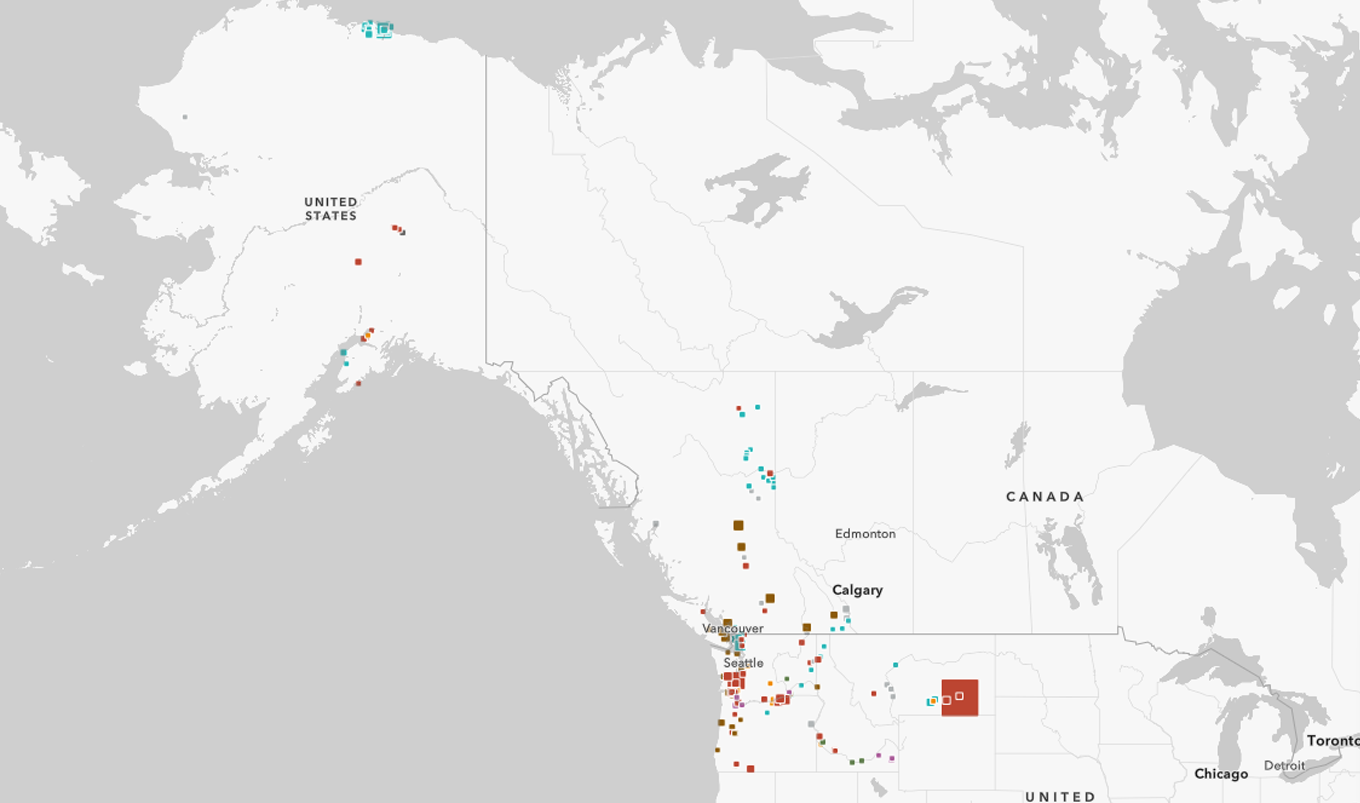 Screenshot of a map in the northwestern section of the continental US, with squares representing various sites.