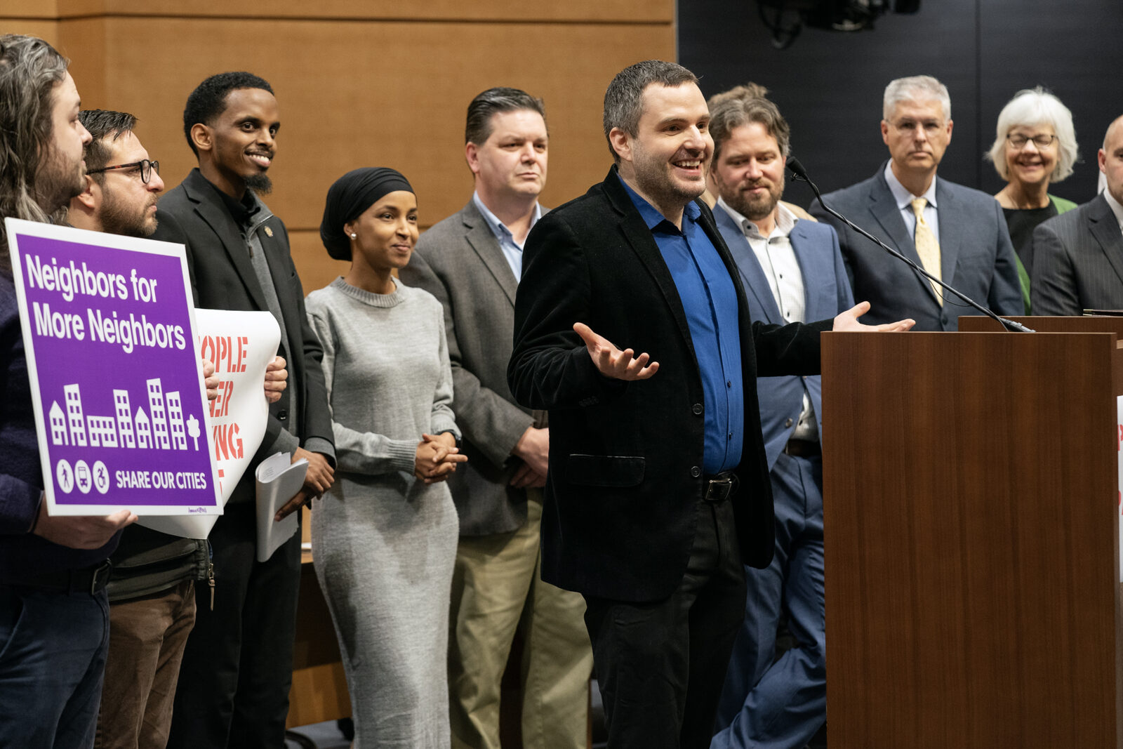 Chris Meyer speaking at the press conference for the Minnesota People Over Parking Act. Photo by A.J. Olmscheid.