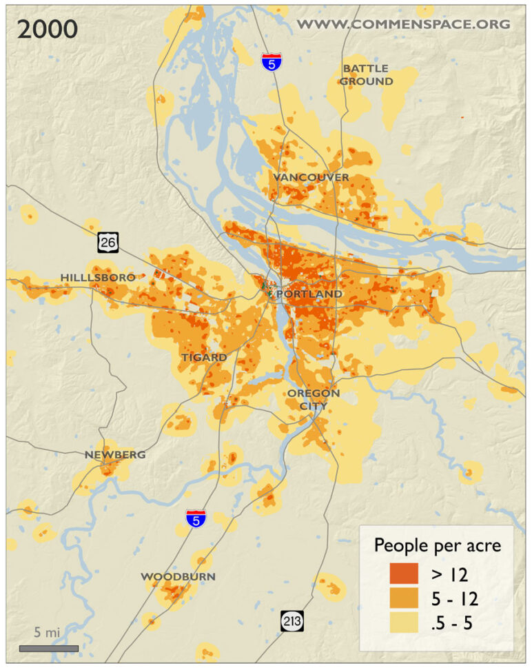 Map of Portland showing density represented by orange blots.