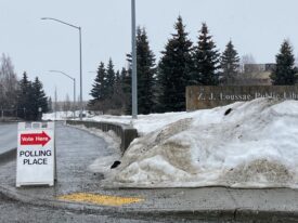 Photo of a sign directing to the Polling Place on a wet and snowky Alaska street