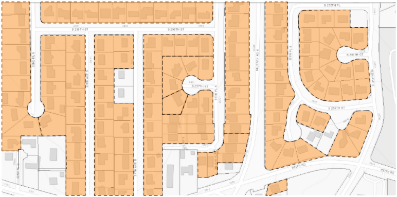 The majority of residential properties [in orange] in Kent’s Greenfield Park neighborhood cannot add the one parking space required for an accessory dwelling unit. Image by Cast Architecture. Used with permission.