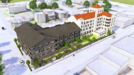 Overhead rendering of an apartment building sitting next two another apartment building on a hill, with smaller buildings across the street in both directions