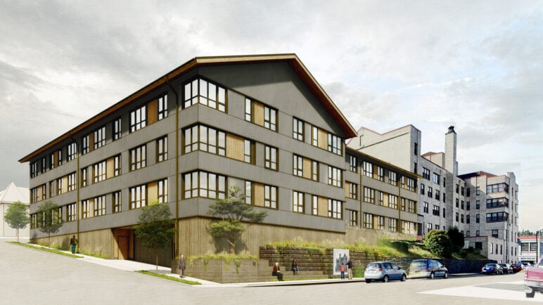 architect's rendering of an apartment building with three levels of housing and, down the slope of a hill, a concrete podium.