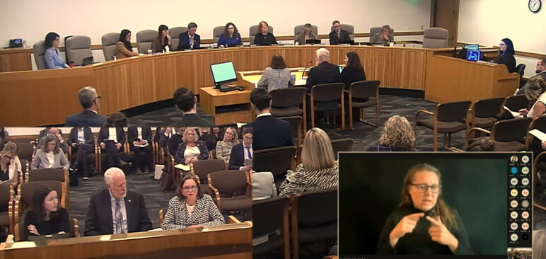 Screenshot of a Teams meeting of a public hearing in the Oregon State Capitol. Within one frame, a brown-haired woman in a checkered jacket is speaking as others look on.