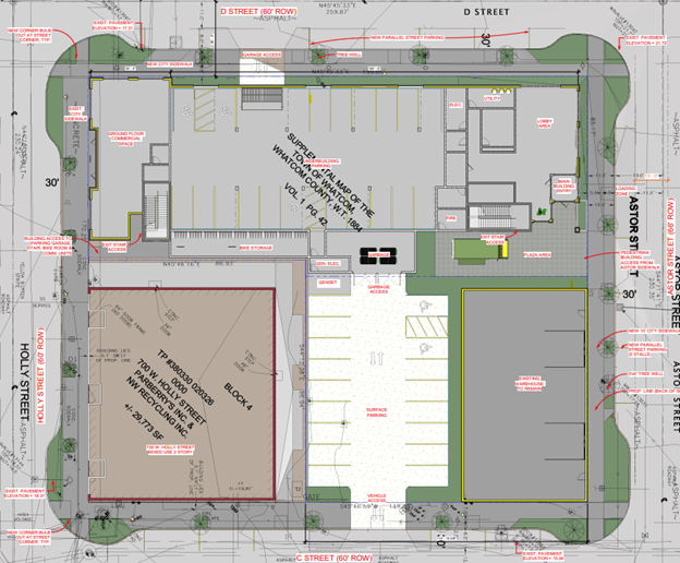 Preliminary designs show the majority of ground floor space is dedicated to parking. The two rectangles in the lower left and right corners are existing buildings. Image by trc architecture. Used with permission.